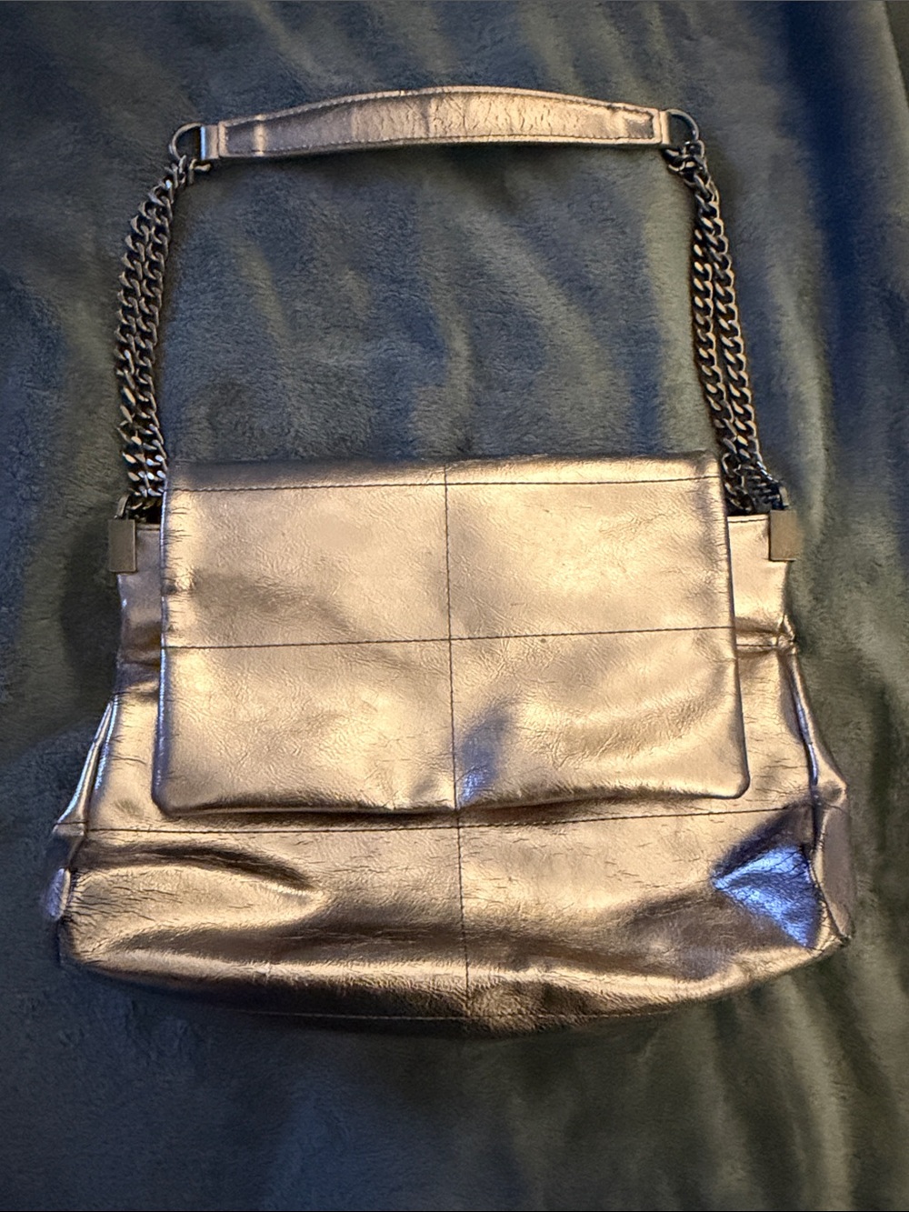Zara Metallic Leather Shoulder Bag with Chain Strap - Silver